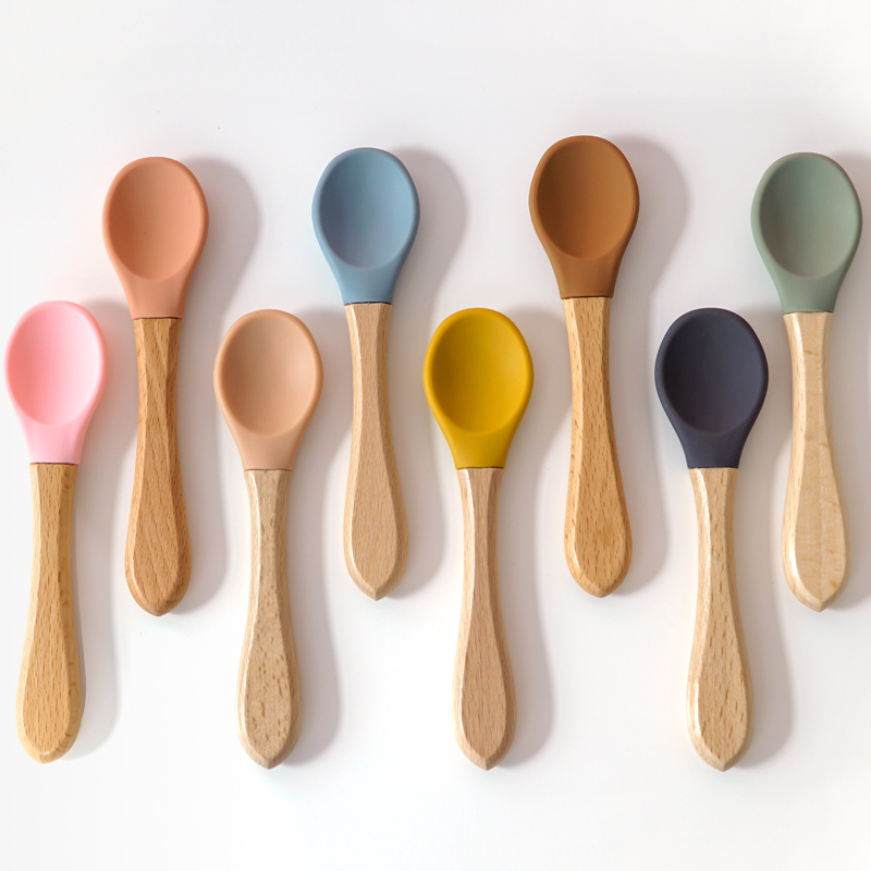 Baby Led Weaning Set - Feeding Wooden Handle Silicone Spoon For
